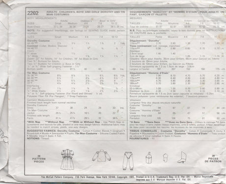 1980’s McCall's Child's Wizard of Oz Dorothy and Tin Man pattern - Size 7-8 - No. 2202