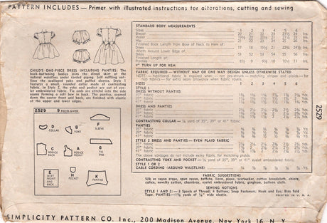 1940's Simplicity Child's Yoked Dress Pattern with Tie Back Bow - Chest 24" - No. 2529