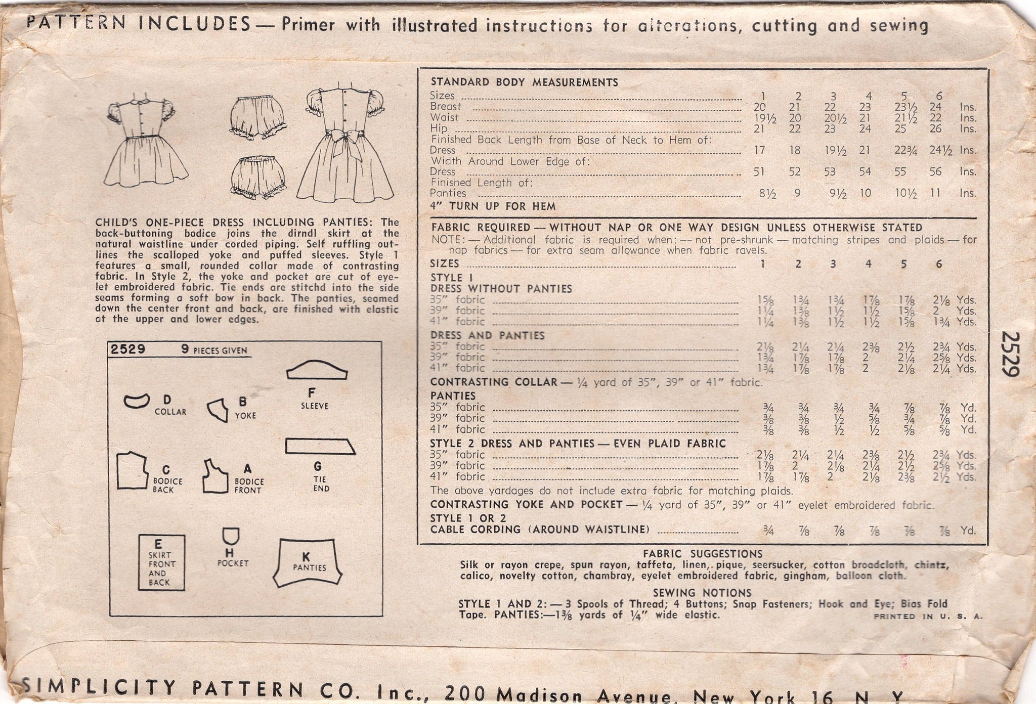 1940s Simplicity Childs Yoked Dress Pattern With Tie Back Bow Ches