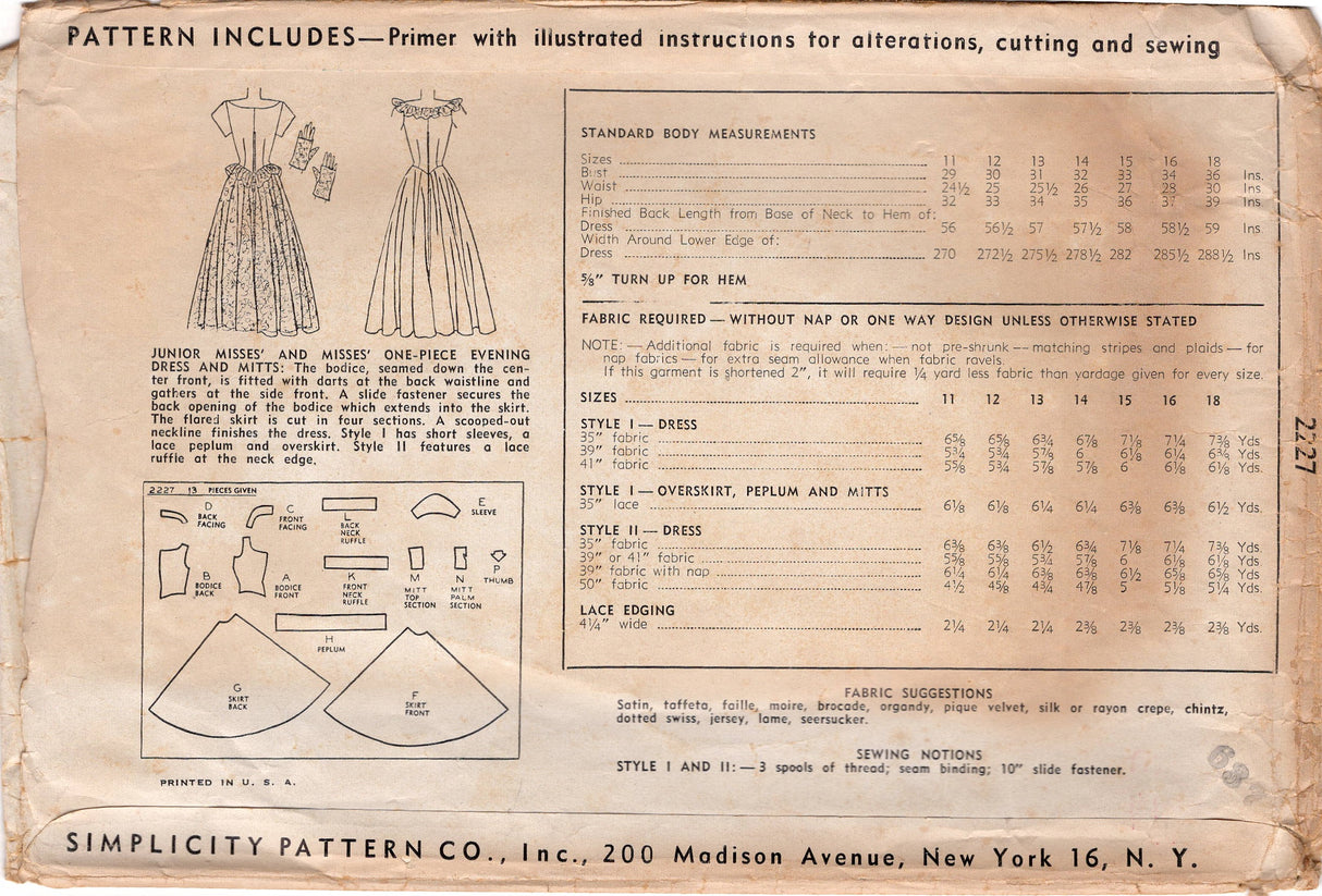 1940’s Simplicity Fitted Waist Evening Gown pattern with Peplum, and Mitt Pattern  - Bust 29” - No. 2227