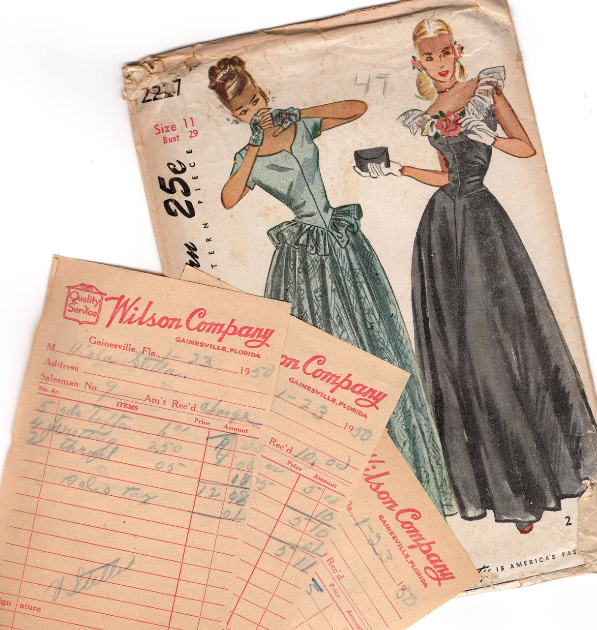 1940’s Simplicity Fitted Waist Evening Gown pattern with Peplum, and Mitt Pattern  - Bust 29” - No. 2227