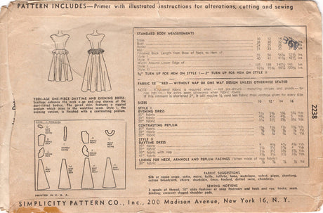 1940's Simplicity One Piece Dress with Scallop Neckline, Full Skirt and Peplum - Bust 30" - No. 2238