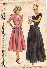 1940's Simplicity One Piece Dress with Scallop Neckline, Full Skirt and Peplum - Bust 32" - No. 2238