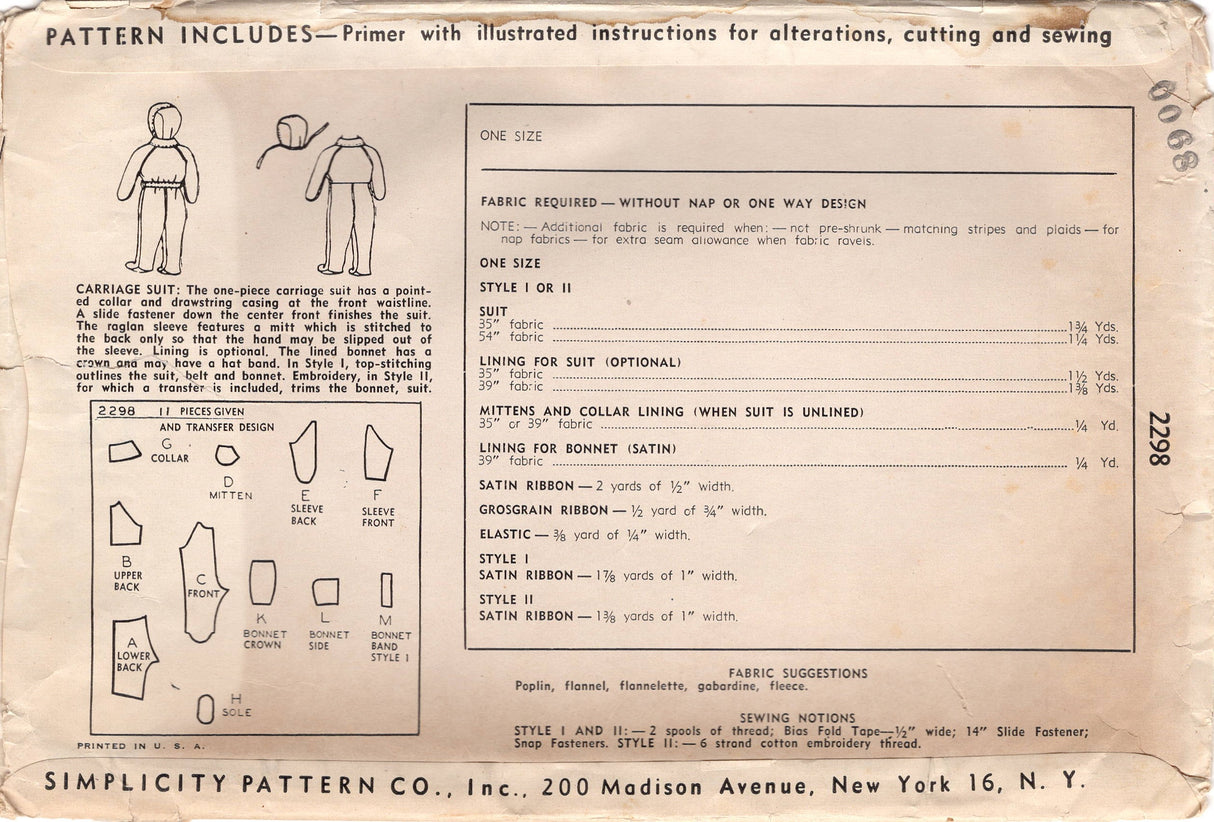 1940's Simplicity Carriage Suit and Bonnet for Infants - No. 2298