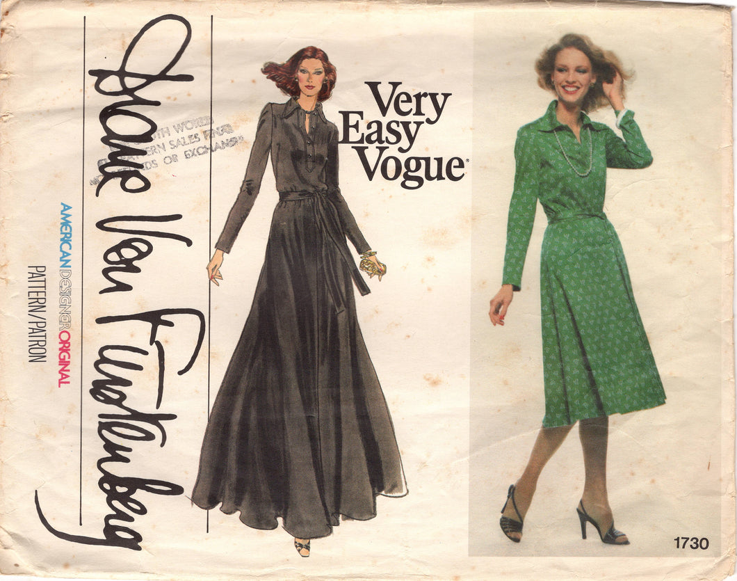 1970's Vogue American Designer Pullover Fit and Flare Dress with Button Neckline - Diane Von Furstenburg- Bust 31.5