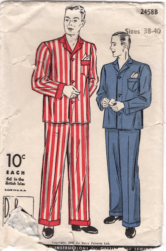1940's DuBarry Men's Two Piece Pajamas with Pocket - Chest 38-40