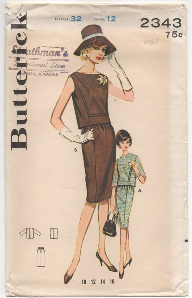 1960's Butterick Two Piece Dress with Slim Skirt Pattern - Bust 32" - No. 2343