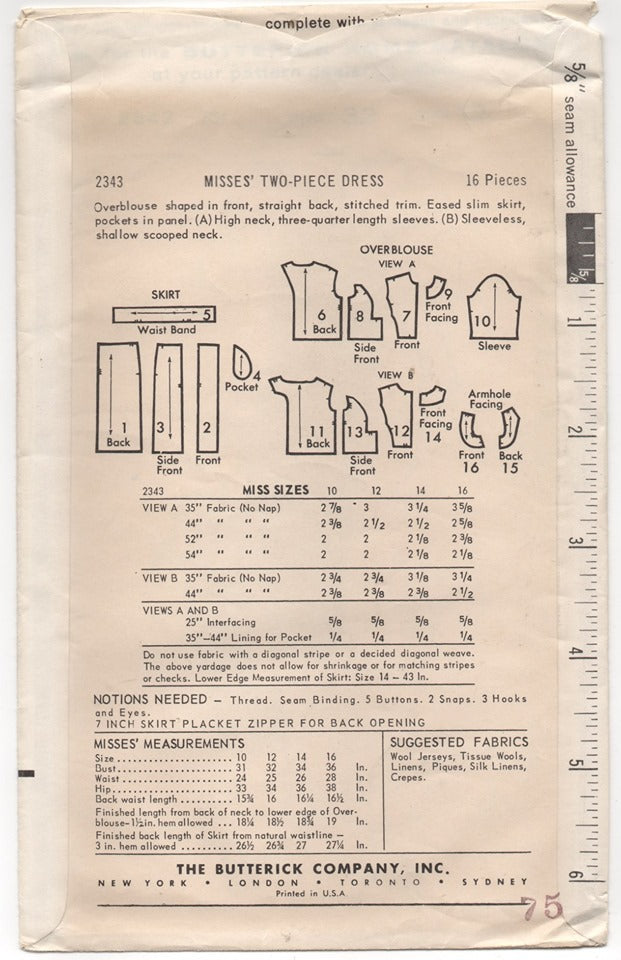 1960's Butterick Two Piece Dress with Slim Skirt Pattern - Bust 32" - No. 2343