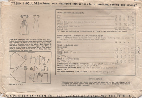 1950's Simplicity Junior's Daytime and Evening Dress pattern - Bust 30 - No. 2352