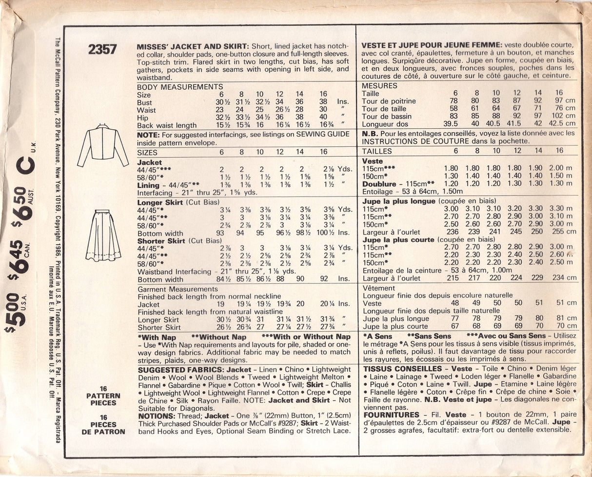 1980's McCall's Cropped Blazer and Flared Skirt Pattern - Bust 34" - no. 2357