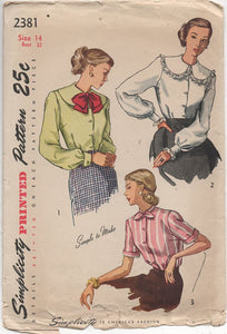 1940’s Simplicity Blouse with Oversize collars and tie - Bust 32" - No. 2381