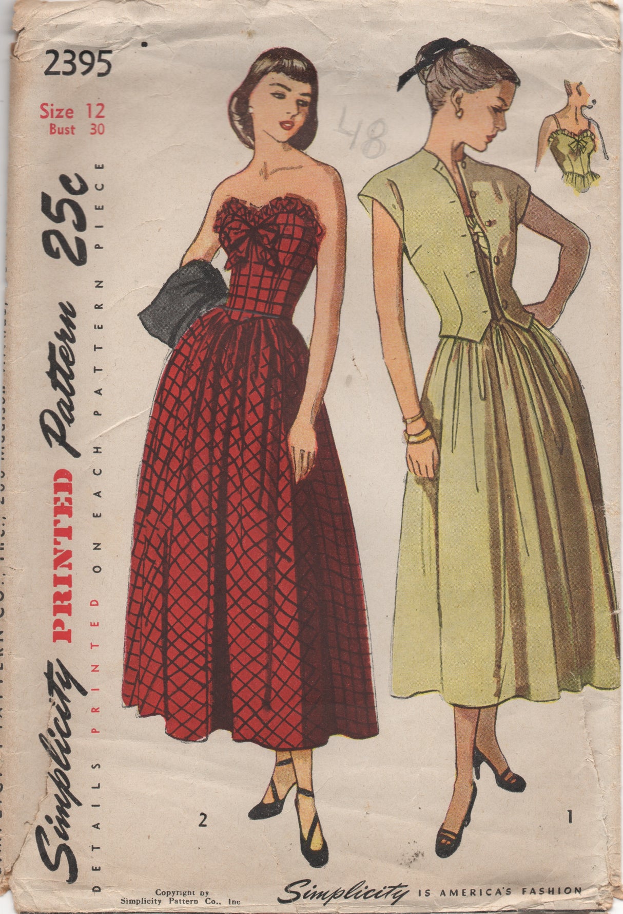 1940's Simplicity Strapless Gown with Sweetheart Neckline, Bow detail and Bolero pattern - Bust 30" - No. 2395