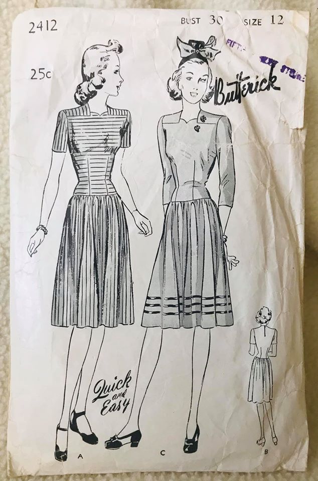 1940’s Butterick One Piece Dress with drop waist and high neck - Bust 30” - No. 2412