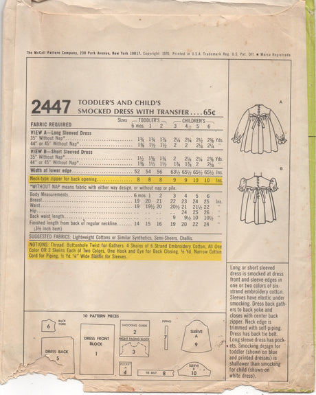 1970's McCall's Toddler One Piece Smocked Dress pattern - Chest 21" - No. 2447