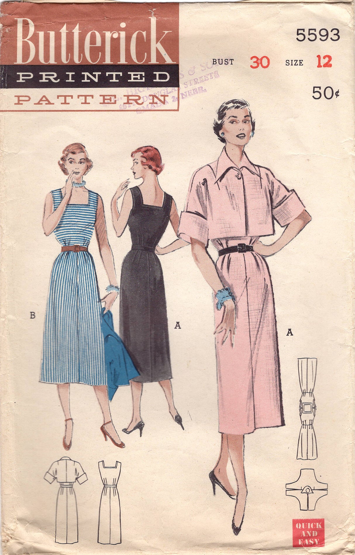 1950's Butterick Sheath Dress with Square Neckline and Bolero Jacket Pattern - Bust 30" - No. 5593