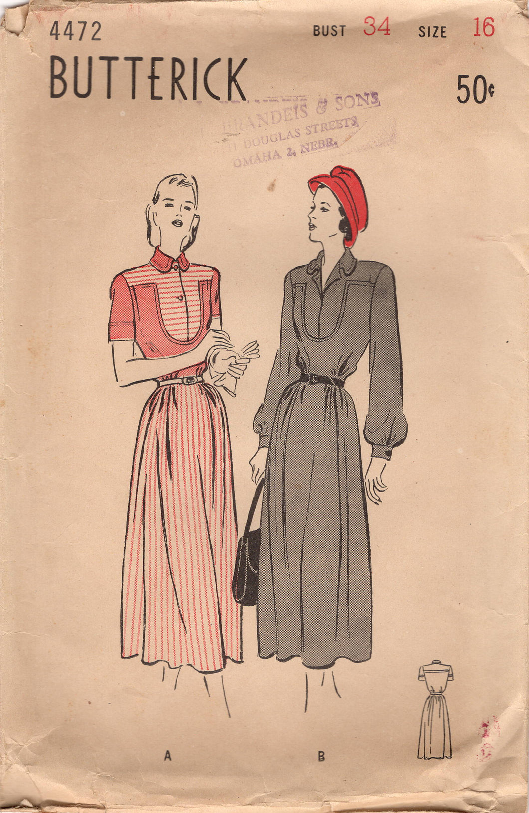 1940's Butterick One Piece Dress Pattern with Large Yoke and Collar - Bust 34