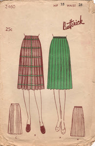 1940's Butterick Slim or Full Pleated Skirted Pattern - Waist 26" - No. 2460