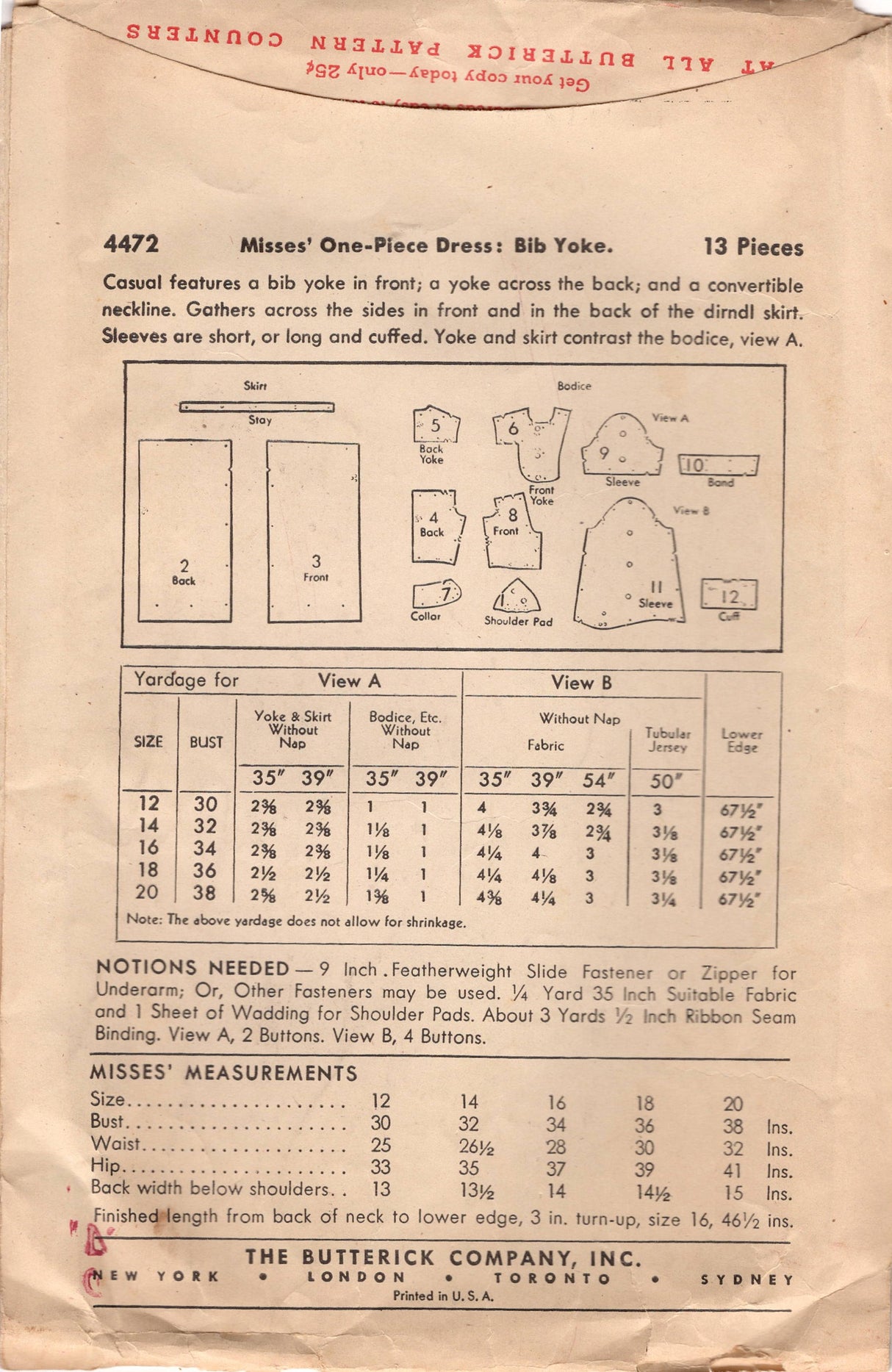 1940's Butterick One Piece Dress Pattern with Large Yoke and Collar - Bust 34" - No. 4472