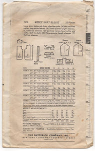 1960's Butterick Women's "Men's style" Button Up Shirt - Bust 34" - No. 2476