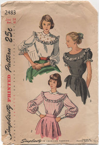 1940's Simplicity Blouse with large yoke and Three Sleeve Lengths - Bust 32" - No. 2483