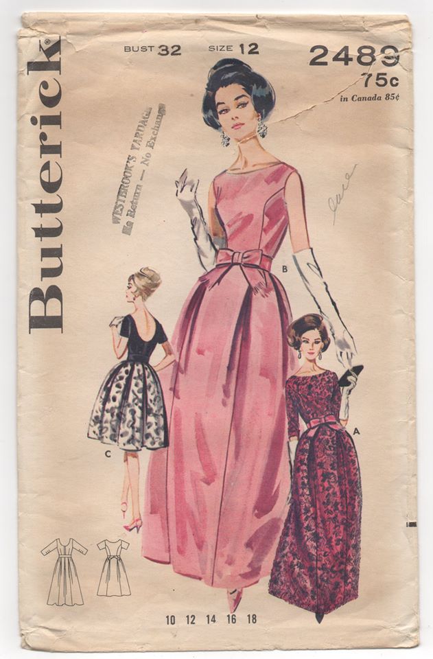 1960's Butterick One Piece Deep Scoop Back Dress with Bow and Two skirt lengths - Bust 32