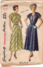 1940's Simplicity One Piece Dress with High or Sweetheart Neckline and Bow detail - Bust 34" - No. 2495