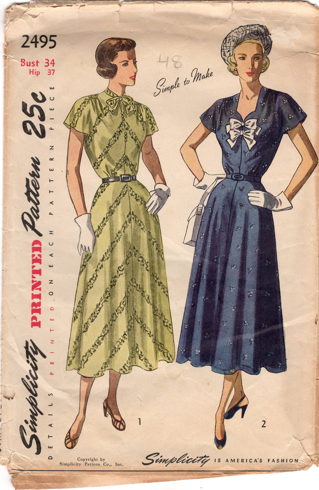 1940's Simplicity One Piece Dress with High or Sweetheart Neckline and Bow detail - Bust 34