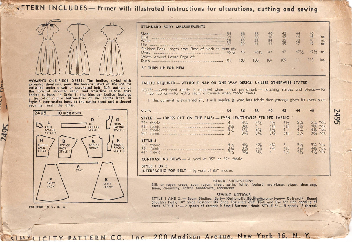 1940's Simplicity One Piece Dress with High or Sweetheart Neckline and Bow detail - Bust 34" - No. 2495