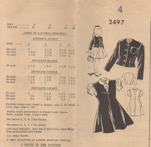 1940's Mail Order Child's Pinafore Dress, Blouse and Jacket Pattern - Chest 23" - No. 2497