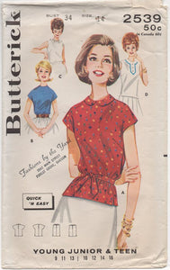 1960’s Butterick Teen sizing Blouse pattern in four styles - Bust 34" - No. 2539