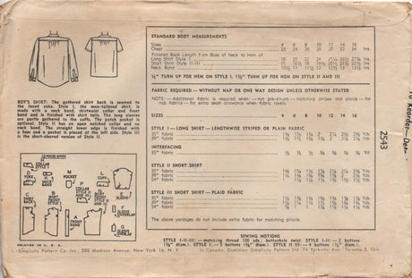 1940's Simplicity Child's Button Up Shirt - Chest 24" - No. 2543