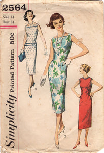 1960's Simplicity Sheath Dress with Square Boat Neckline Pattern - Bust 34" - No. 2564