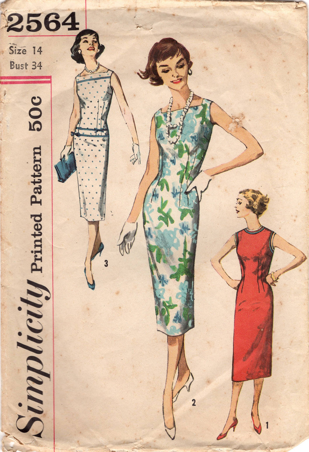 1960's Simplicity Sheath Dress with Square Boat Neckline Pattern - Bust 34