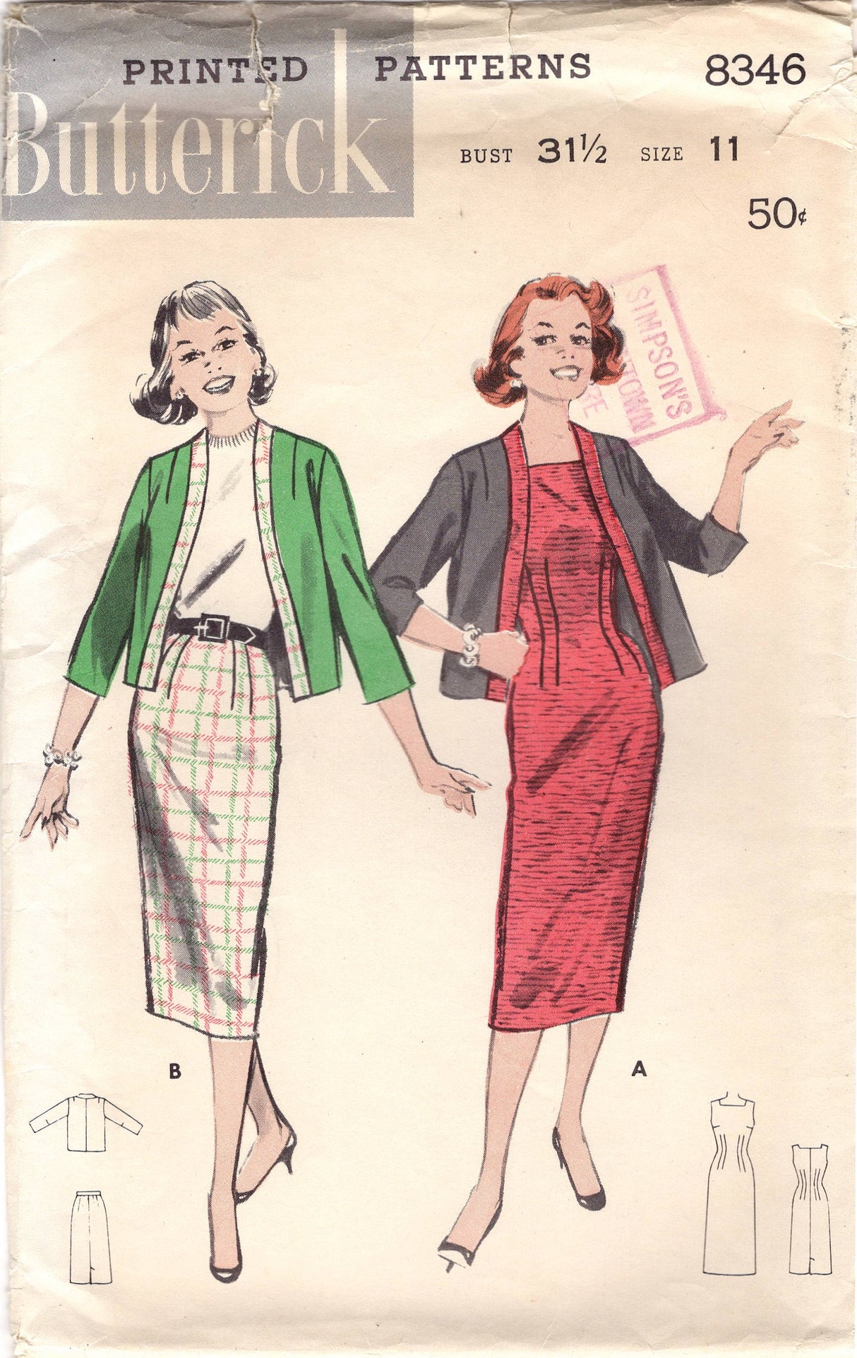 1950's Butterick Sheath Dress with square neckline and Jacket and Straight Skirt Pattern - Bust 31.5" - No. 8346