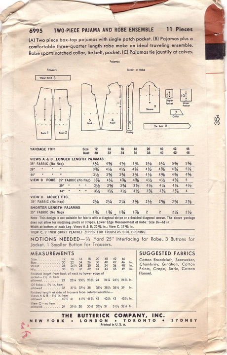 1950's Butterick Two Piece Pajama and Robe - Bust 32" - No. 6995