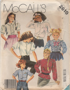 1980's McCall's Girl's Button up Shirt with Tucks and 6 different styles - Breast 23" - No. 2610