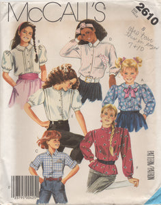 1980's McCall's Girl's Button up Shirt with Tucks and 6 different styles - Breast 27" - No. 2610