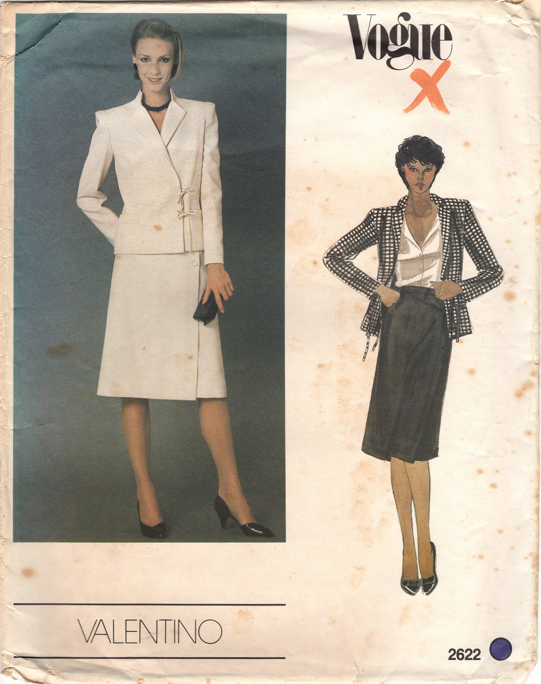 1980's Vogue Paris Original Bias Cut Jacket with side ties and Straight Skirt - Valentino - Bust 36