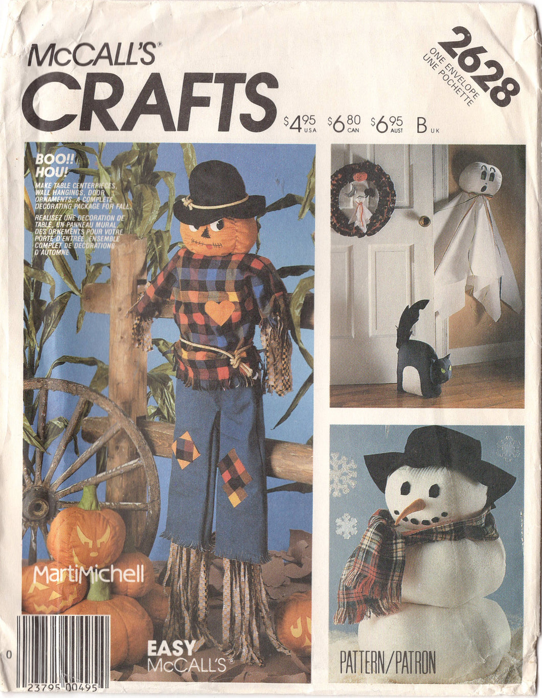 1980's McCall's Crafts Stuffed Scarecrow, Sitting Ghost, Snowman, Haunted House, Pumpkins, Wreath - No. 2628