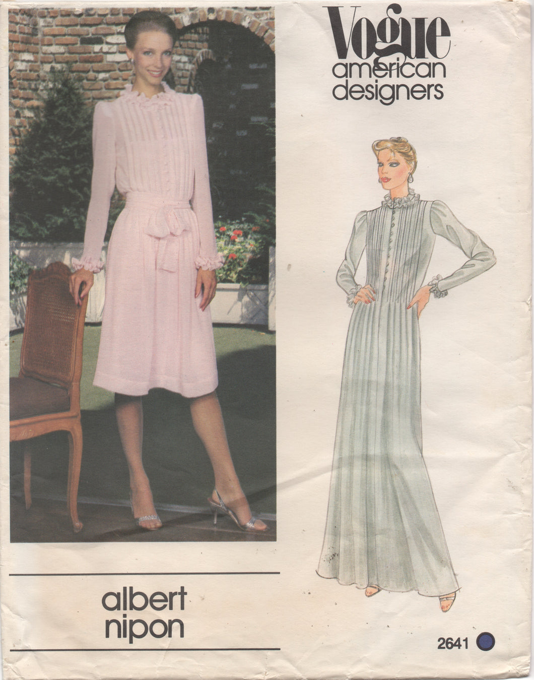 1980's Vogue American Designer Button Front Pin Tucked Dress with Ruffle Collar - Albert Nipon - Bust 34