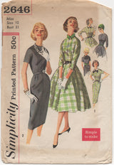 1950's Simplicity Women's One Piece Dress with Full or Slim Skirt and Detachable Collar - Bust 31" - no. 2646