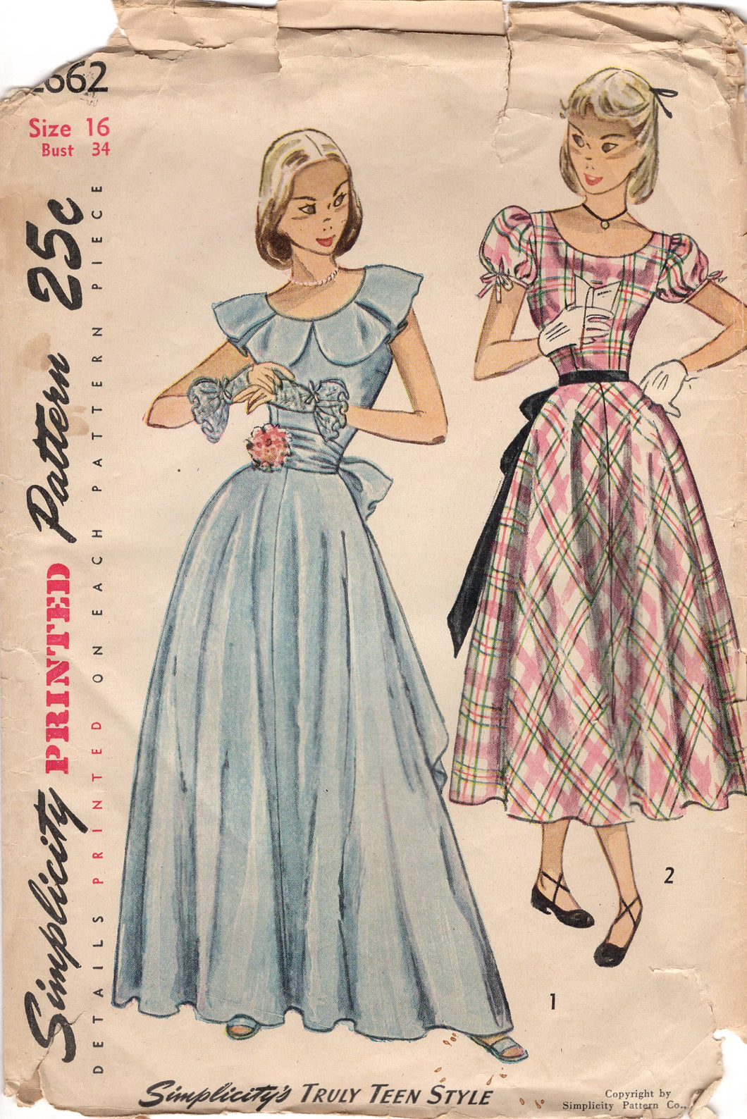 1940’s Simplicity Evening Gown in Two Lengths with Scoop neckline and Large Collar  and optional Puff Sleeves - Bust 34” - No. 2662