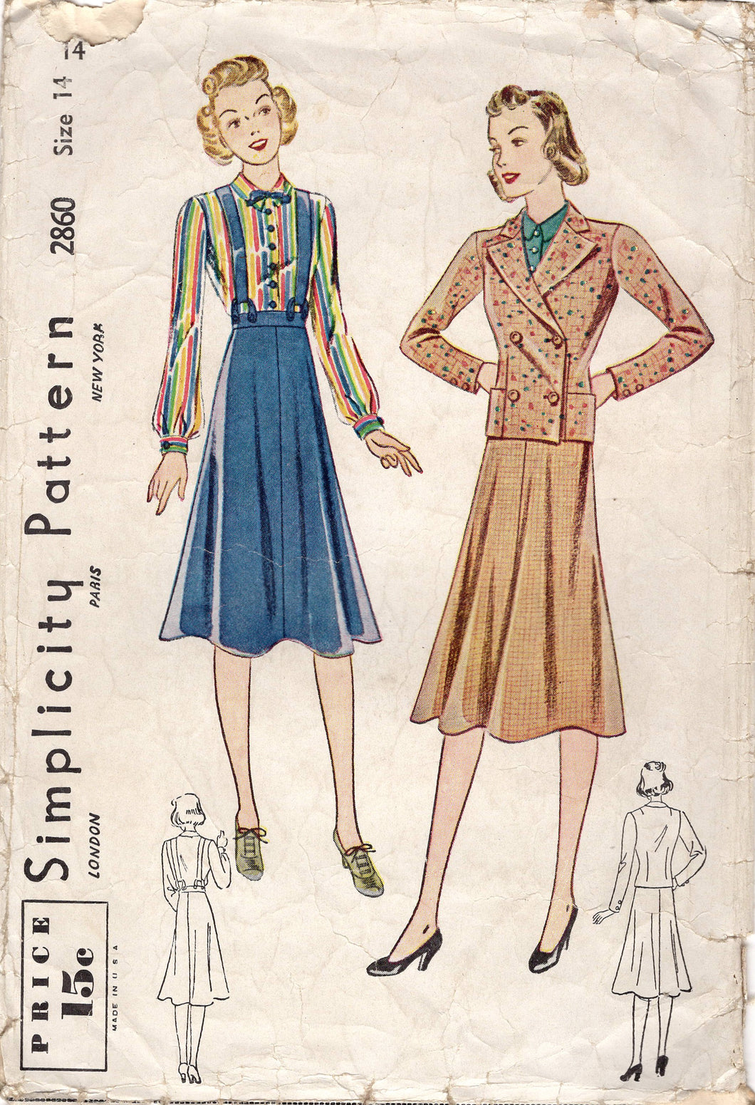 1930's Simplicity Suspender Skirt, Blouse and Double Breasted Jacket Pattern - Bust 32