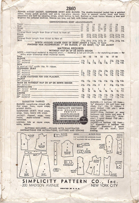 1930's Simplicity Suspender Skirt, Blouse and Double Breasted Jacket Pattern - Bust 32" - No. 2860