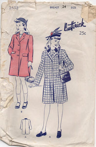 1940's Butterick Girl's Chesterfield Coat with Vented Back - Breast 24" - No. 2693