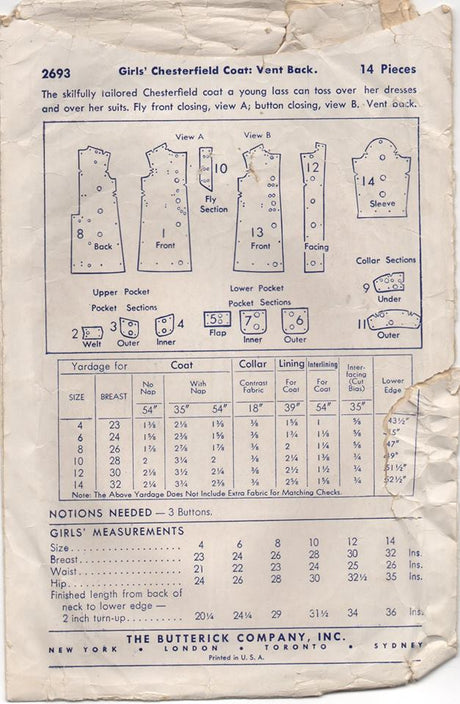 1940's Butterick Girl's Chesterfield Coat with Vented Back - Breast 24" - No. 2693