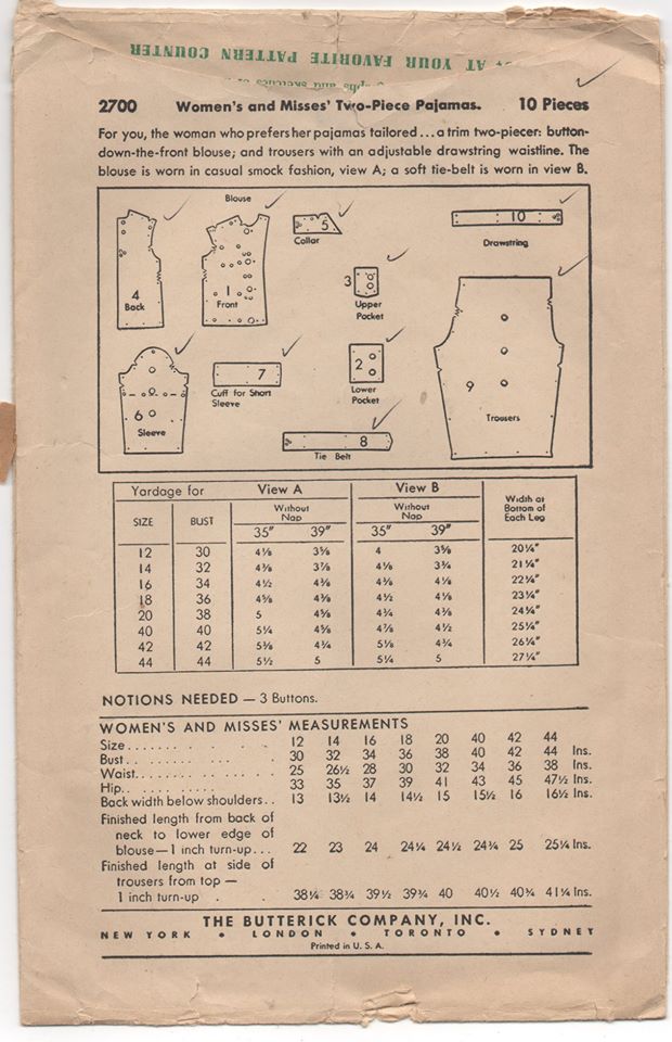 1940's Butterick Two Piece Tailored Pajamas - Bust 34" - No. 2700