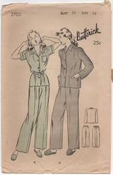 1940's Butterick Two Piece Tailored Pajamas - Bust 34" - No. 2700