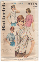 1960's Butterick Button Up Blouse with Peter Pan Collar and Short Sleeves - Bust 32" - No. 2713