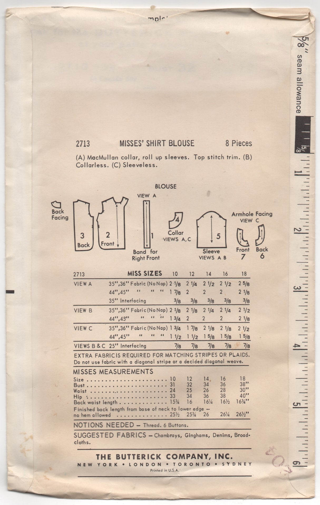 1960's Butterick Button Up Blouse with Peter Pan Collar and Short Sleeves - Bust 32" - No. 2713